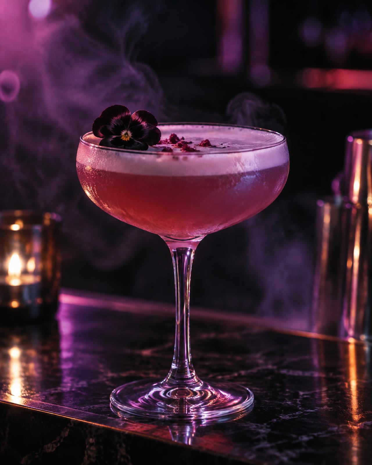 Cocktail im Coupe-Glas auf dunklem Bartresen im Neonlicht